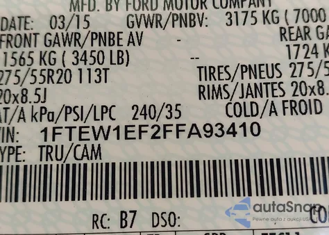 2015 Ford F-150 Lariat z USA, uszkodzony, nr VIN 1FTEW1EF2FFA93410